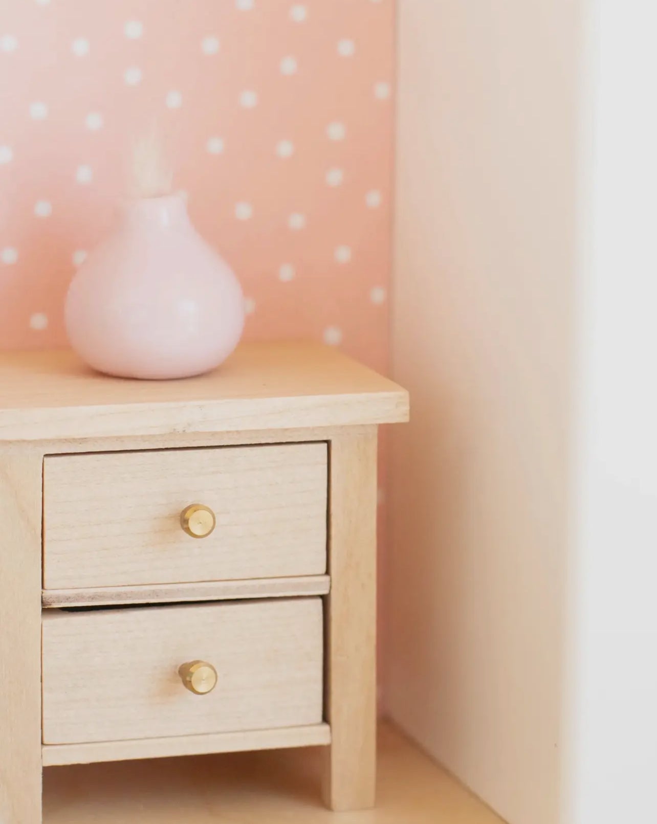 Dollhouse Bedside Table with Drawers | Wood & Gold Knobs