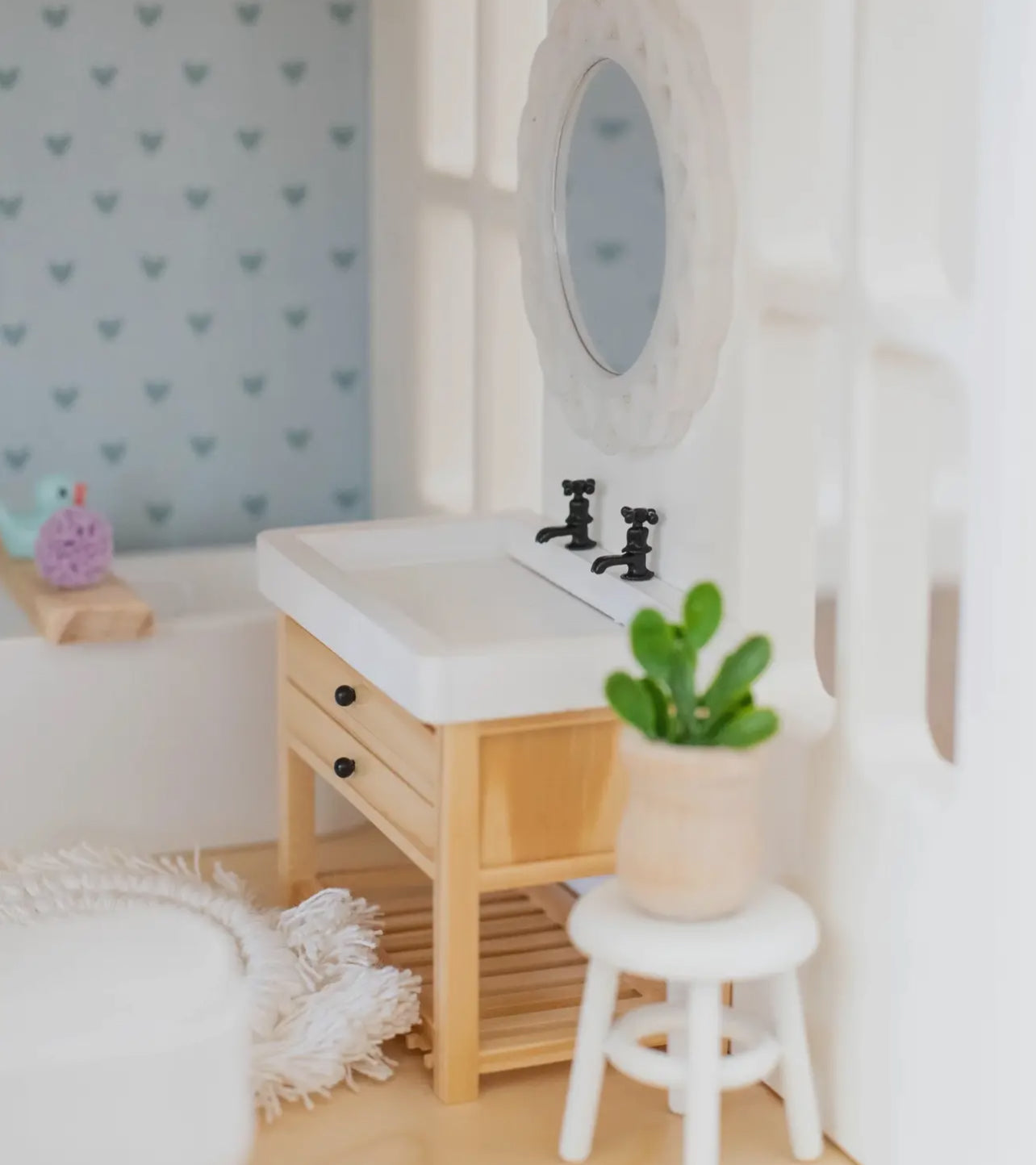 Dollhouse Double Faucet Bathroom Vanity | Wood & White