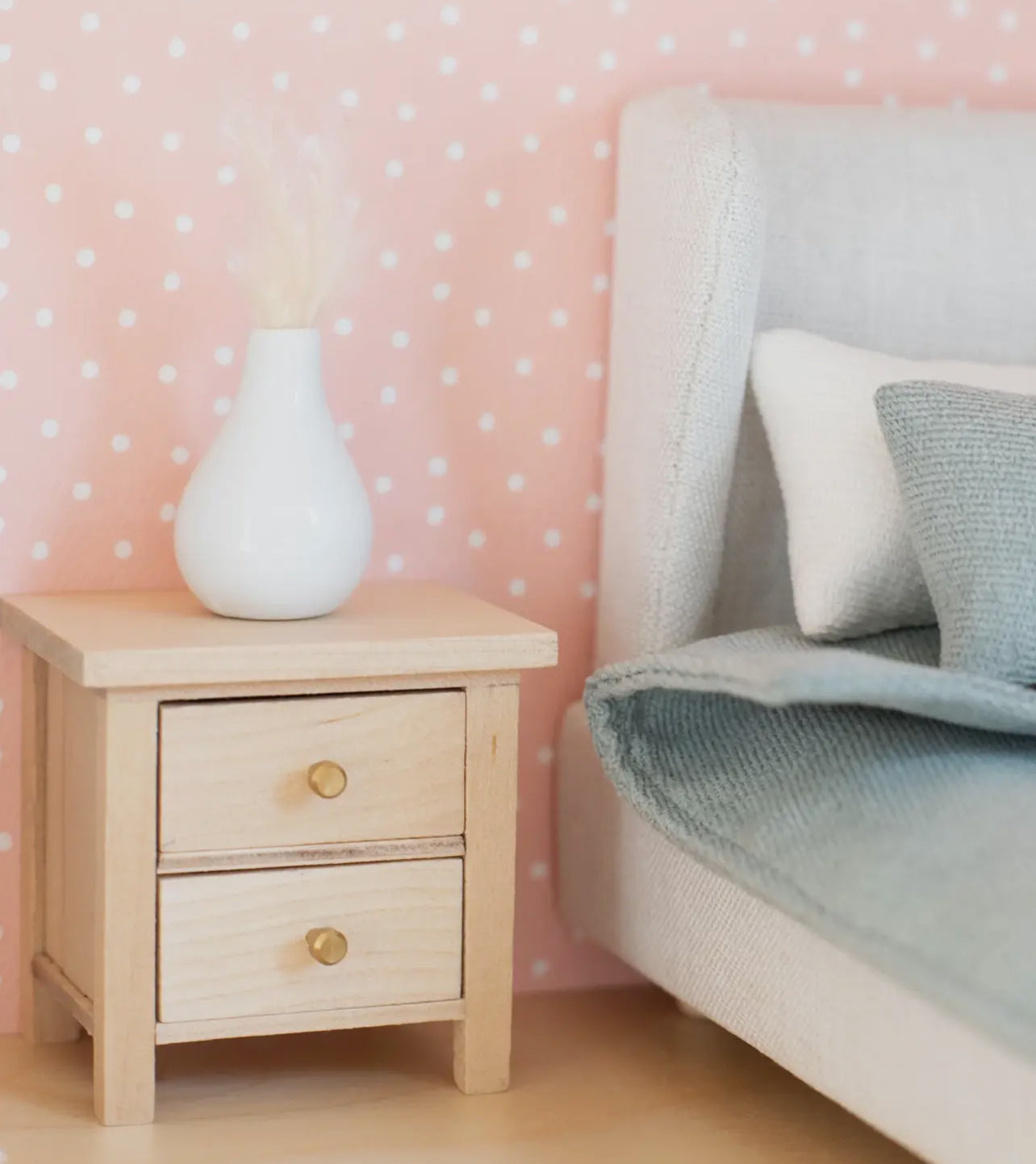 Dollhouse Bedside Table with Drawers | Wood & Gold Knobs