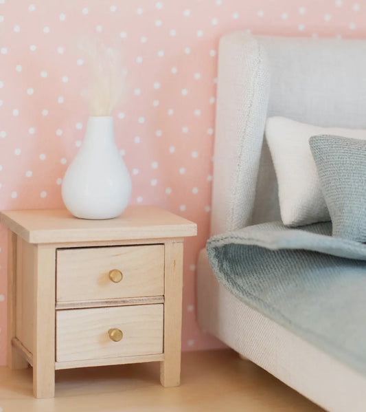 Dollhouse Bedside Table with Drawers | Wood & Gold Knobs