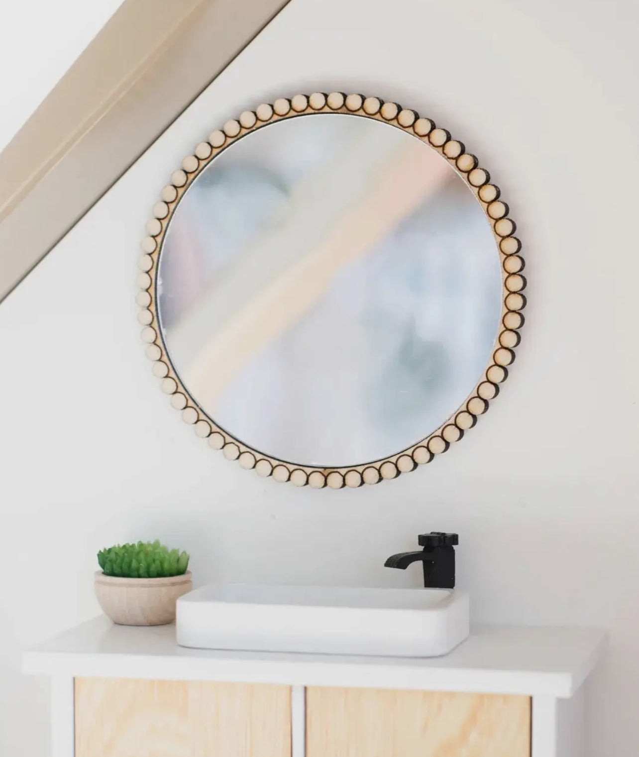 Dollhouse Round Beaded Mirror | Natural Wood