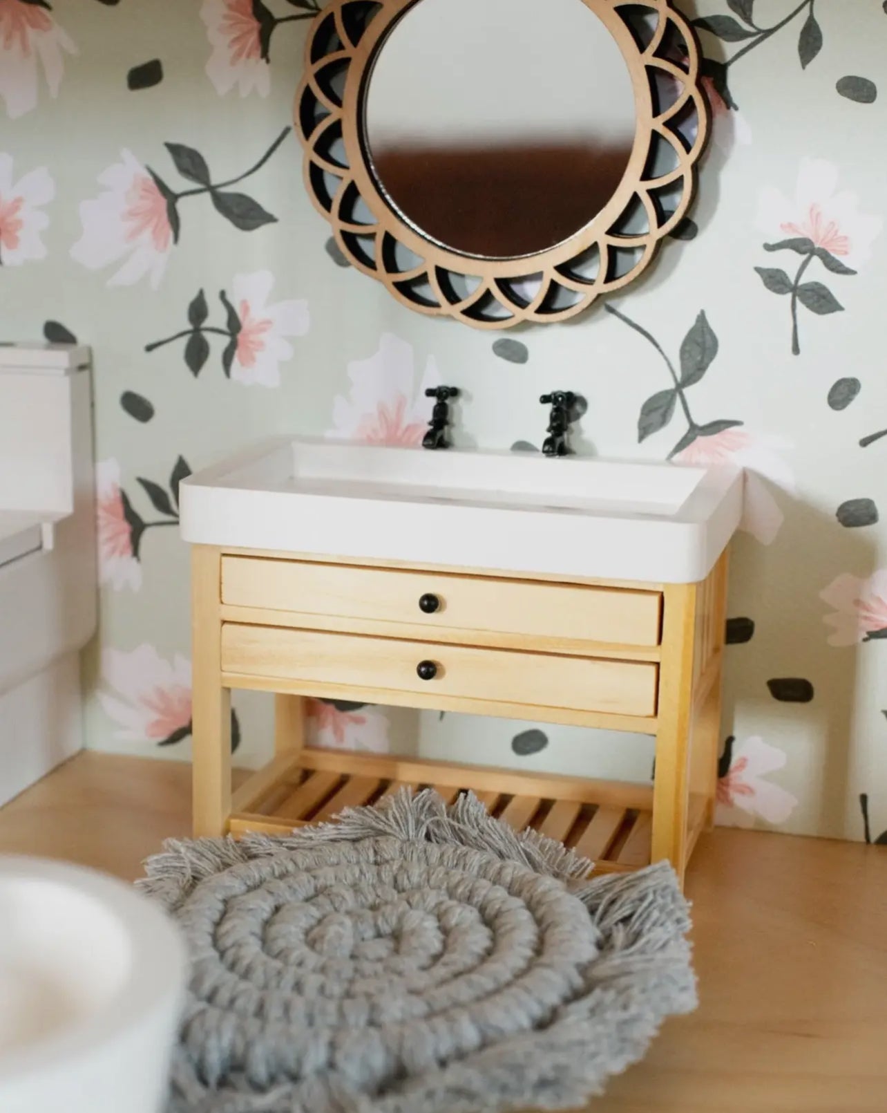 Dollhouse Double Faucet Bathroom Vanity | Wood & White