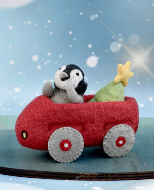 Felt Penguin and Christmas Tree in Toy Car