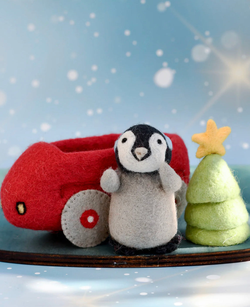 Felt Penguin and Christmas Tree in Toy Car